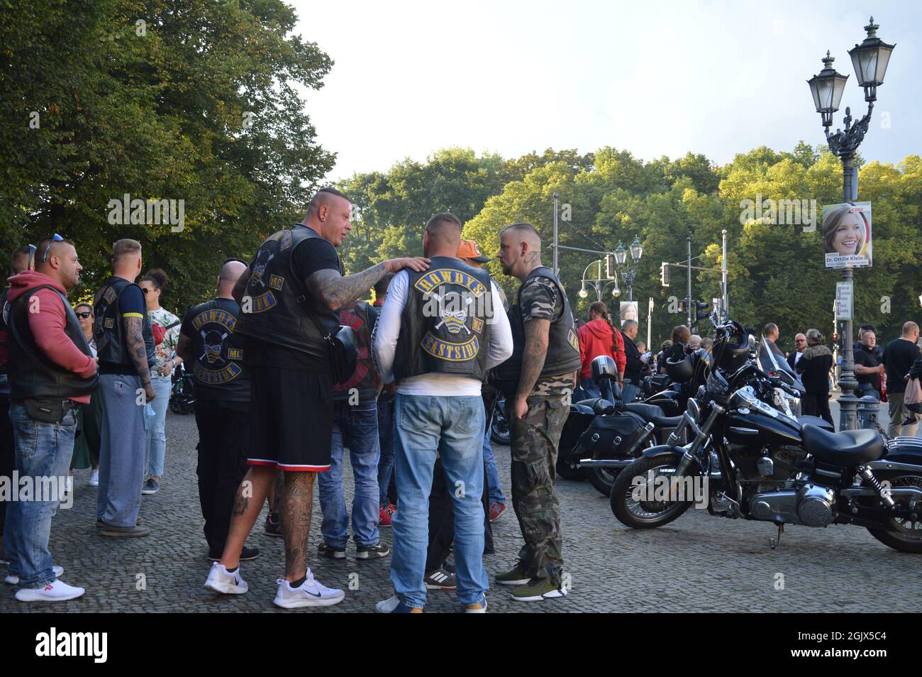 Biker rally of Hells Angels and Bandidos near the Brandenburg Gate in Berlin, Germany - September 11, 2021. Stock Photo