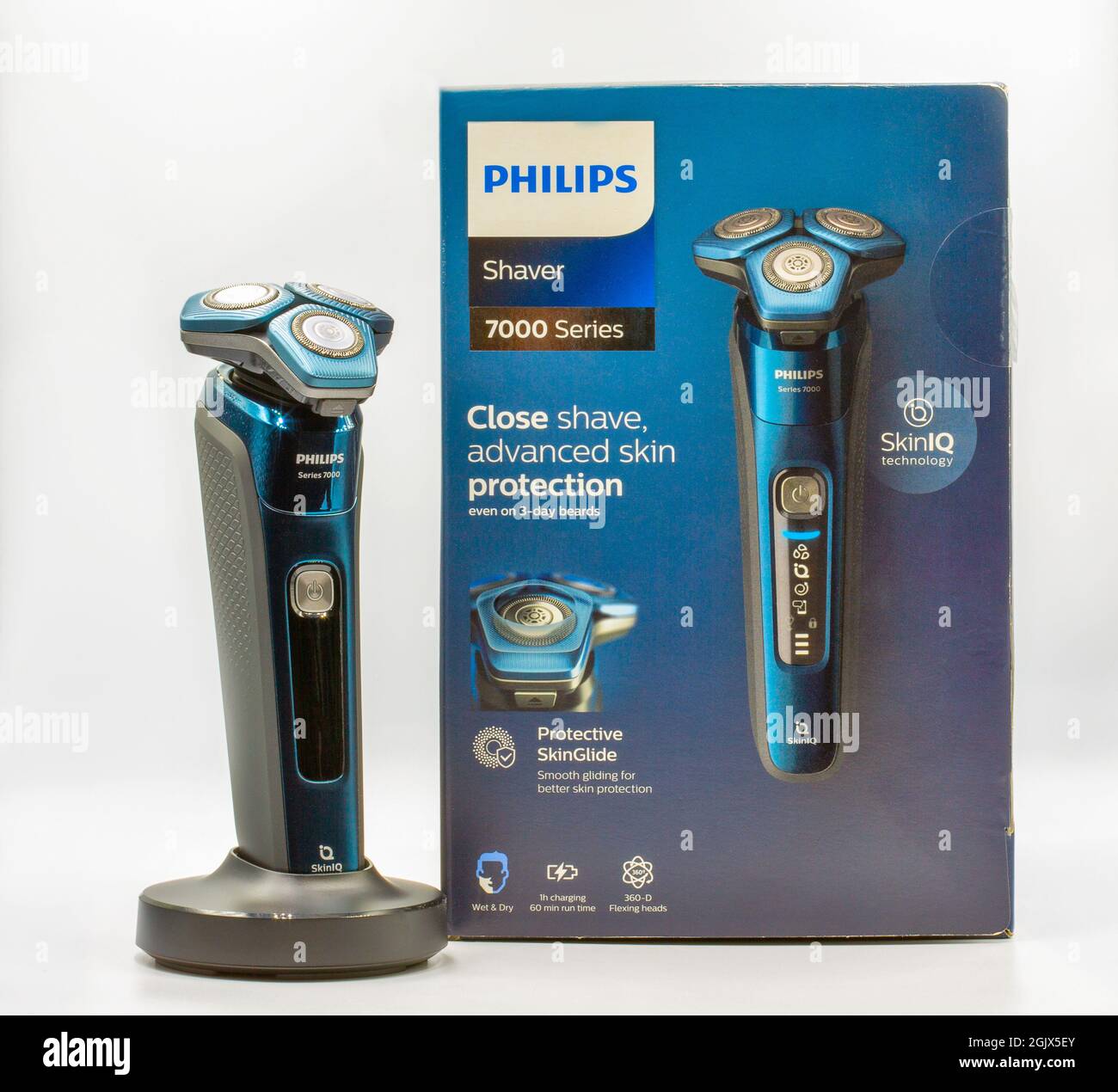 KYIV, UKRAINE - APRIL 03, 2021: Studio shot of modern Philips electric shaver 7000 series closeup against white. Philips is a Dutch multinational cong Stock Photo