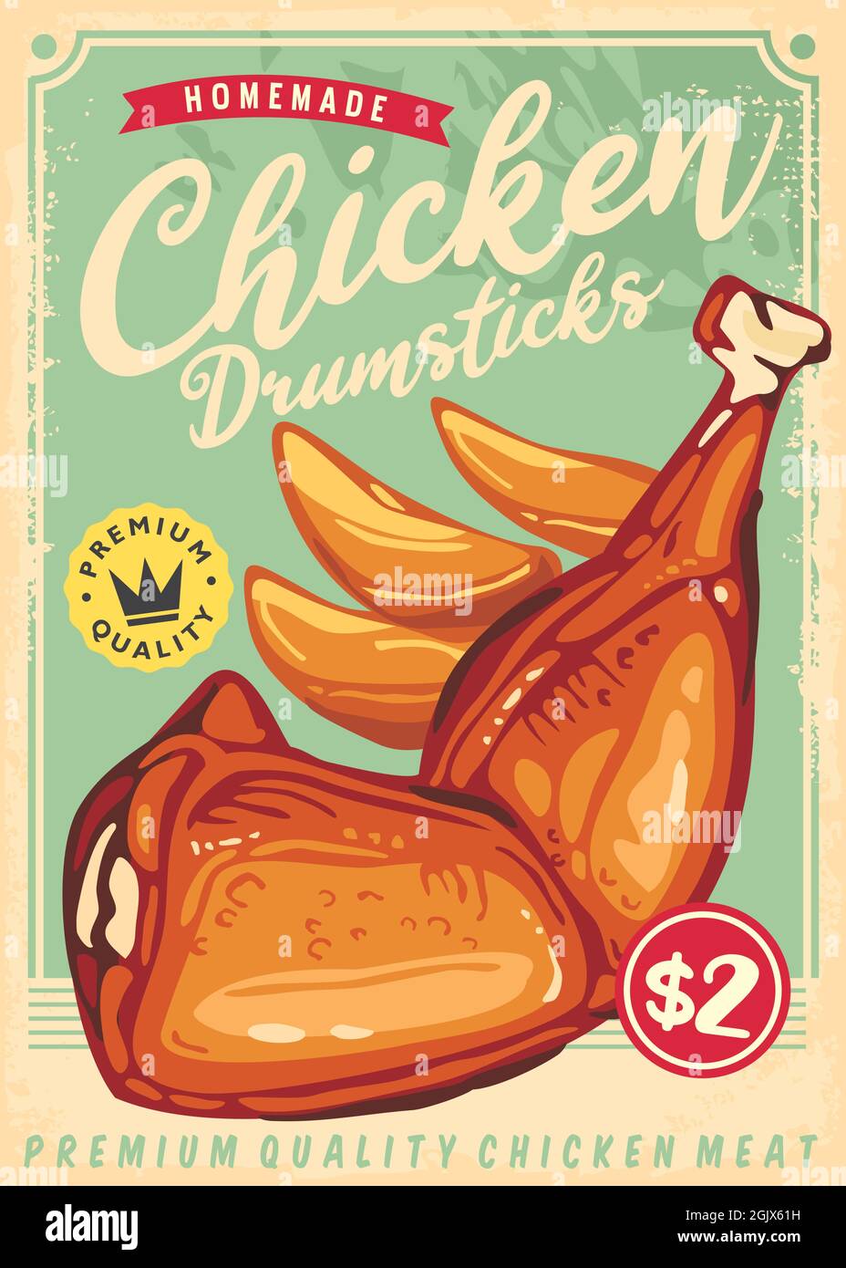 Roasted chicken drumsticks retro poster promo design. Vintage ad with crispy chicken meat. Grilled food restaurant menu vector illustration. Stock Vector