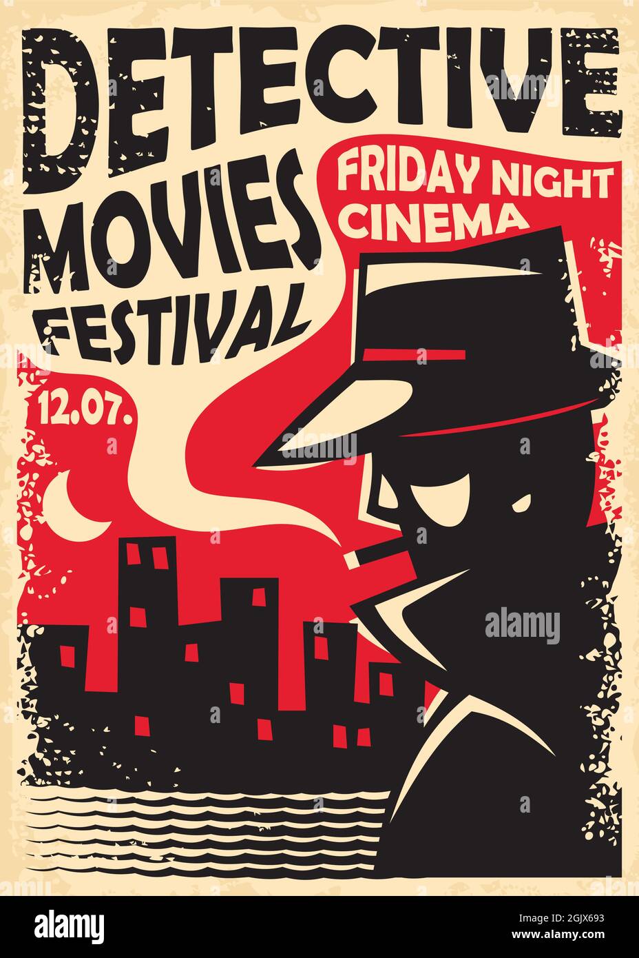 Detective movies film festival retro poster template with secret agent silhouette and city skyline. Vintage sign for cinema event. Spy, crime, mystery Stock Vector