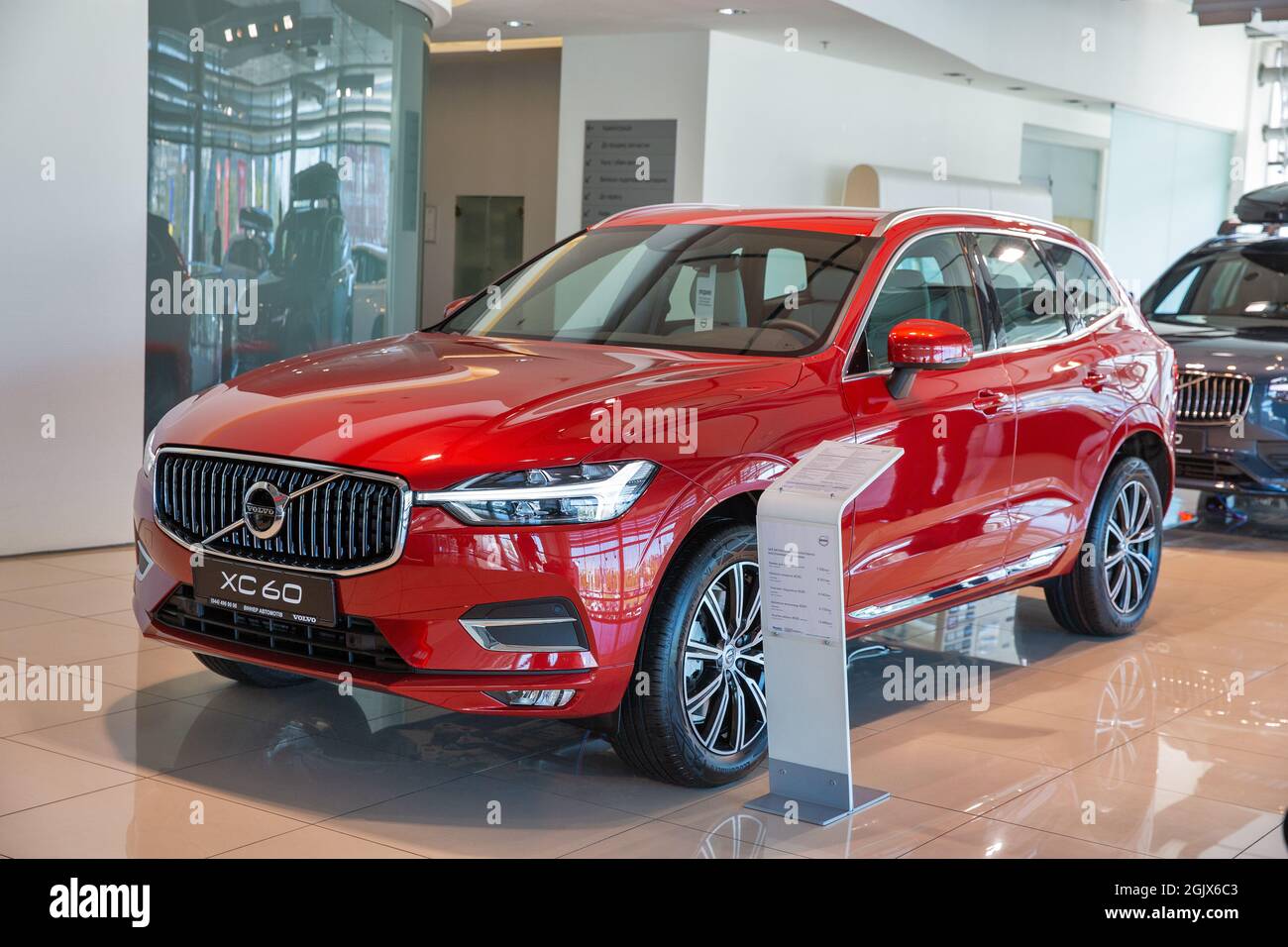 KYIV, UKRAINE - MAY 10, 2021: New XC60 SUV car indoors on display in Volvo Center dealership company. The Volvo Group is a Swedish multinational manuf Stock Photo