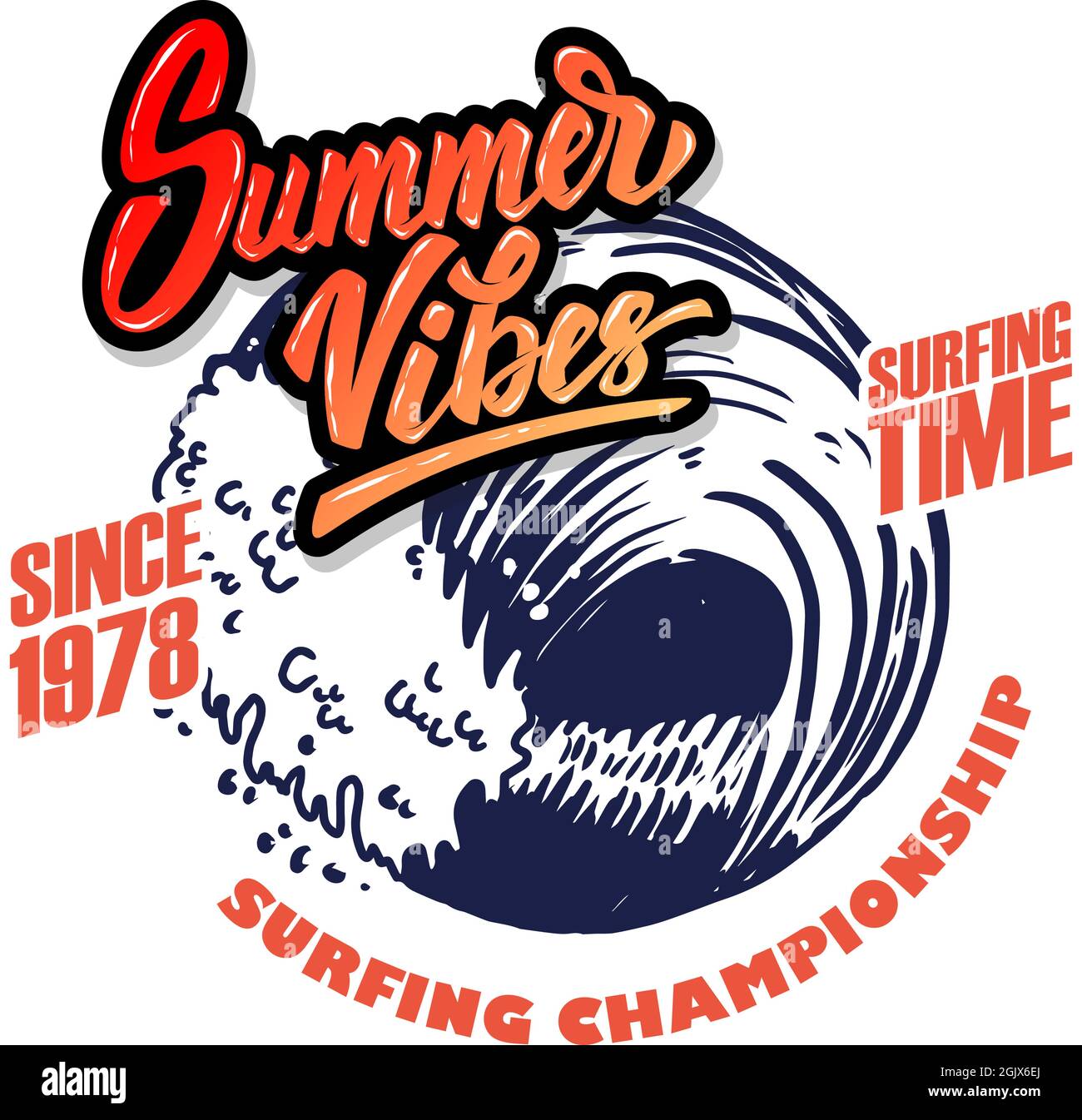 Summer Vibes. Emblem template with sea waves. Design element for poster, card, banner, sign, emblem. Vector illustration, Summer Vibes. Emblem templat Stock Vector