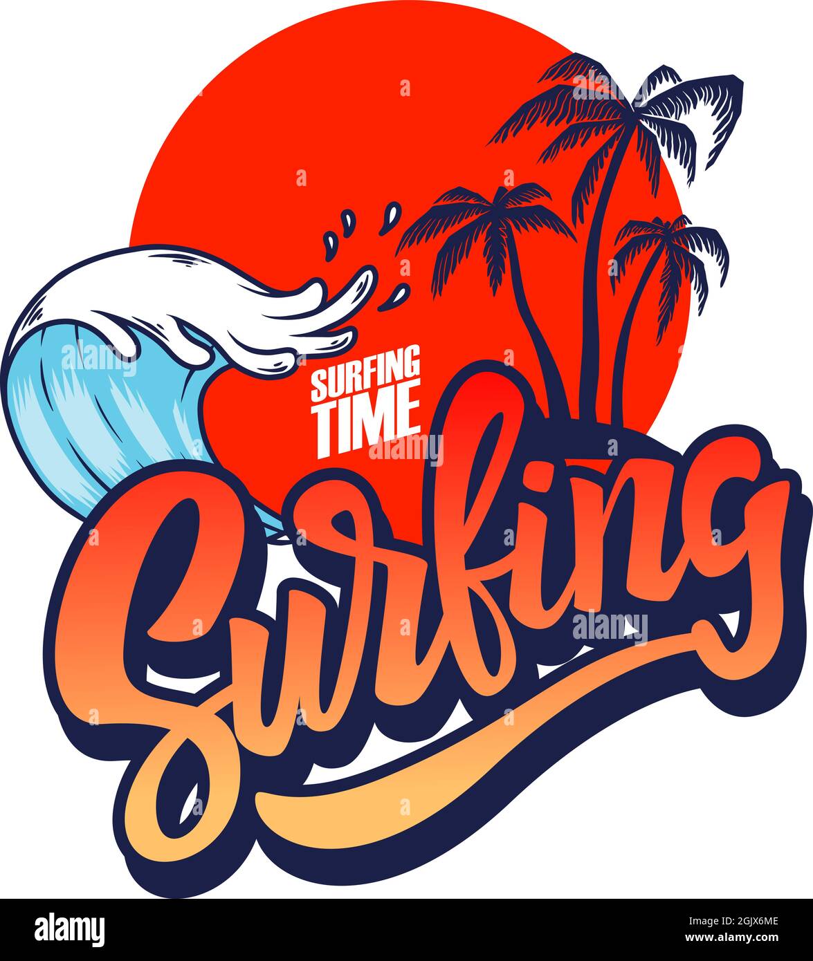 Surfing. Emblem template with waves and palms. Design element for ...