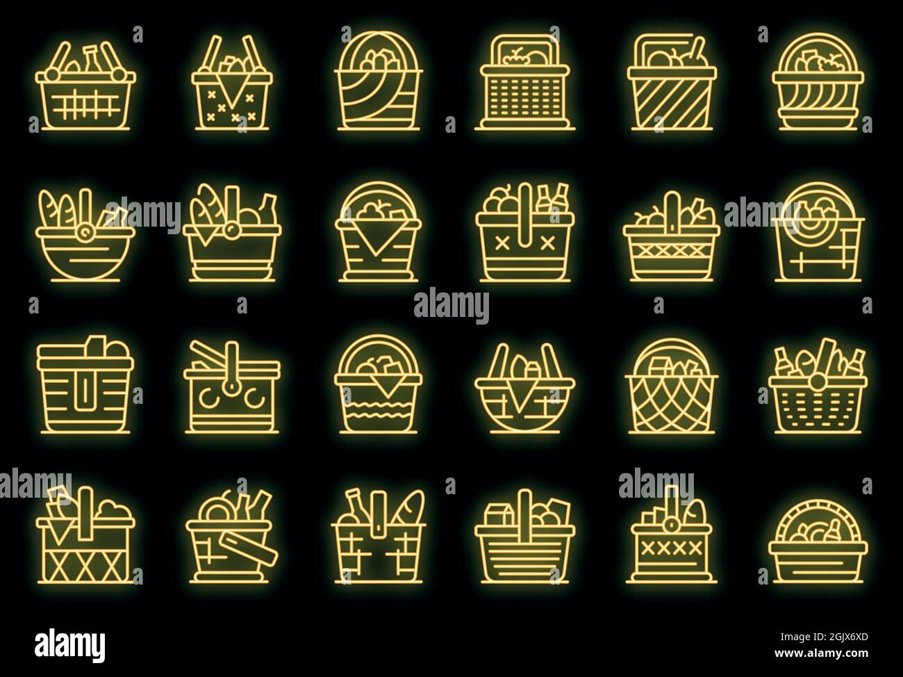 Picnic basket icons set. Outline set of picnic basket vector icons neon ...