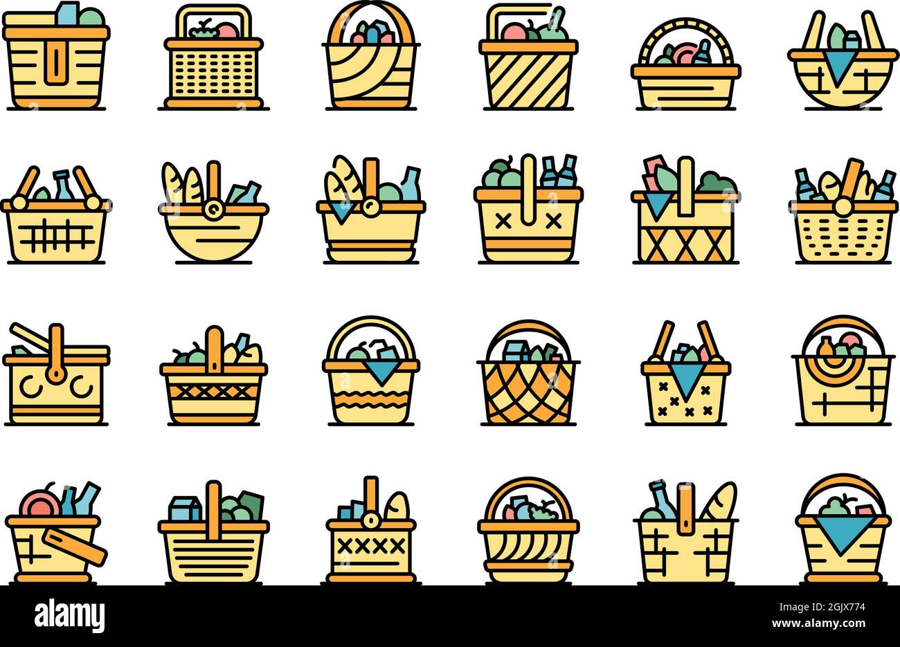 Picnic basket icons set. Outline set of picnic basket vector icons thin ...