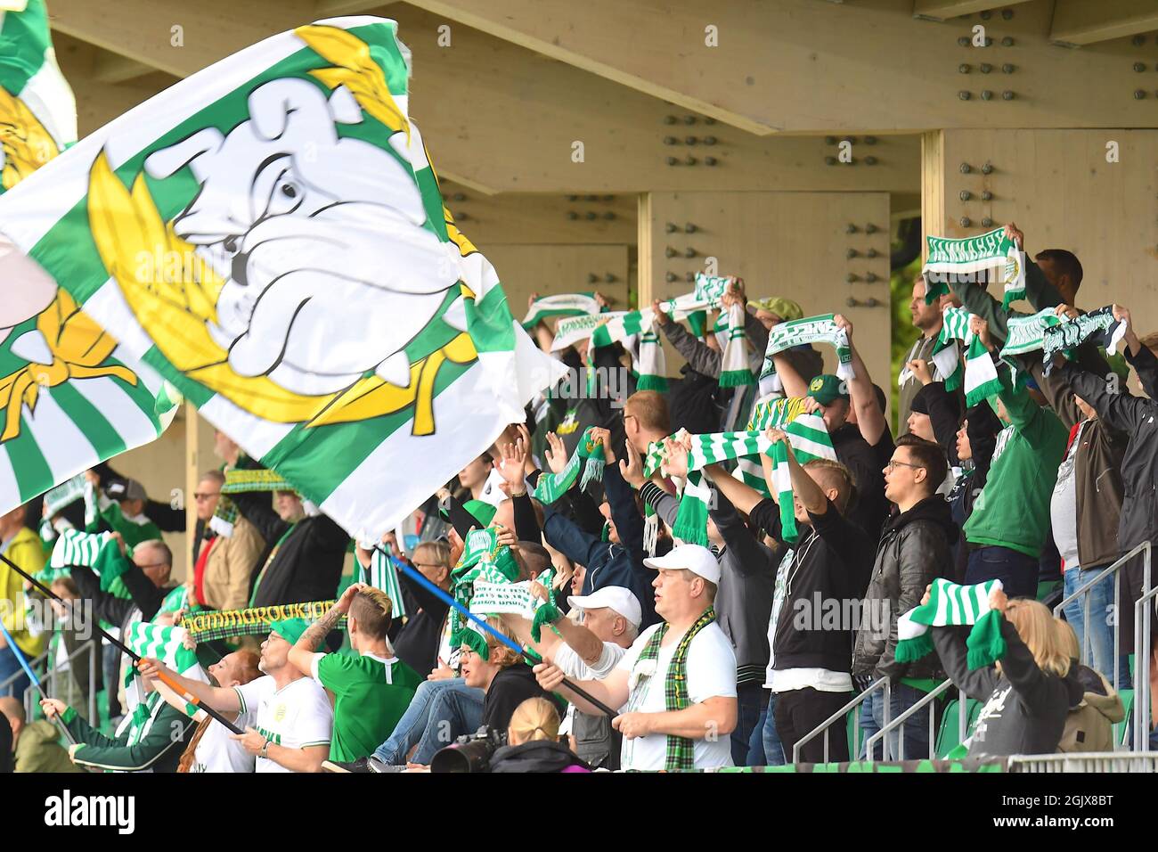 Stockholm, Sweden. 12th Sep, 2021. Hammarby IF FF fans singing during the  game in the Swedish League OBOS Damallsvenskan on September 12th 2021  between Hammarby IF and FC Rosengard at Hammarby IP