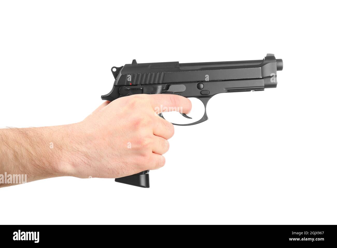 Male hand holding gun on white background Stock Photo Alamy