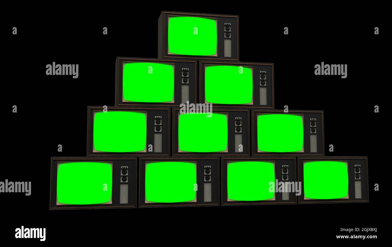 Retro set green old tv screen Vintage receiver mockup 3d render Stock Photo