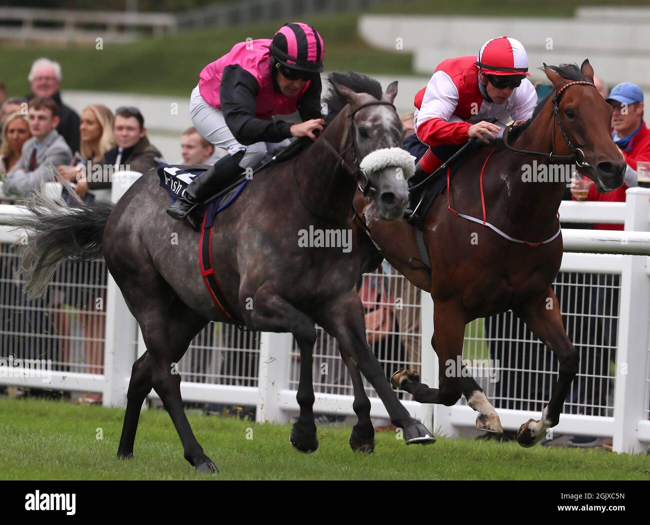 Michael Hussey riding Big Gossey (left) on their way to winning the Irish Stallion Farms EBF 'Bold Lad' Sprint Handicap during day two of the Longines Irish Champions Weekend at Curragh racecourse. Picture date: Sunday September 12, 2021. Stock Photo