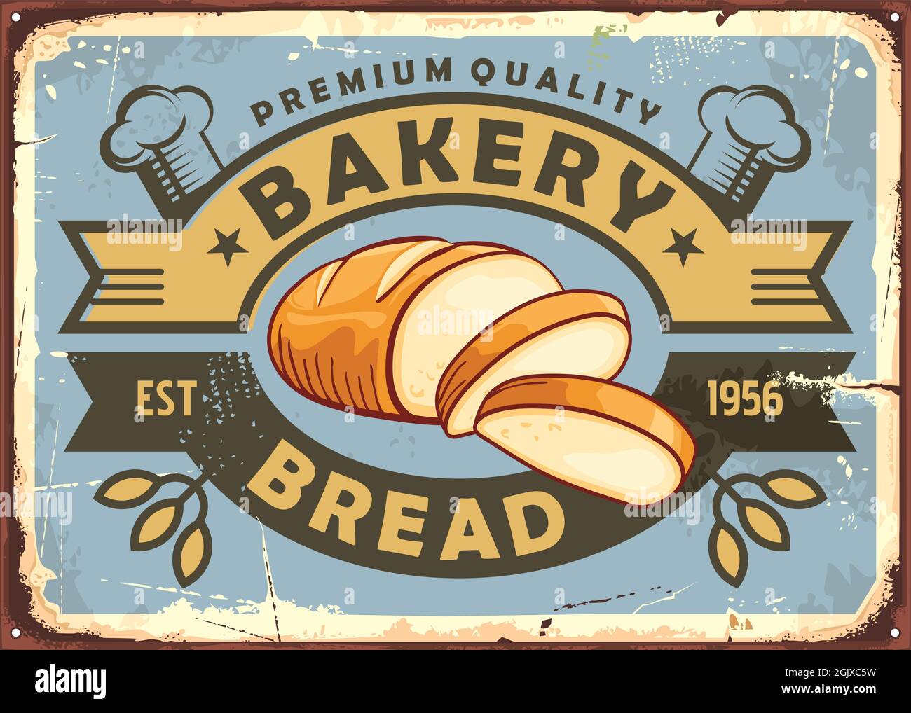 Old fashioned bakery sign with bread loaf and decorative ribbons. Vintage bakery sign. Retro poster design with baked goods and pastries. Stock Vector