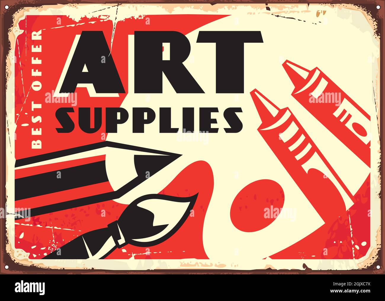 Art supplies retro ad design. Old sign with drawing equipment, pencils, crayons, pain brush and paint palette. Vector illustration Stock Vector