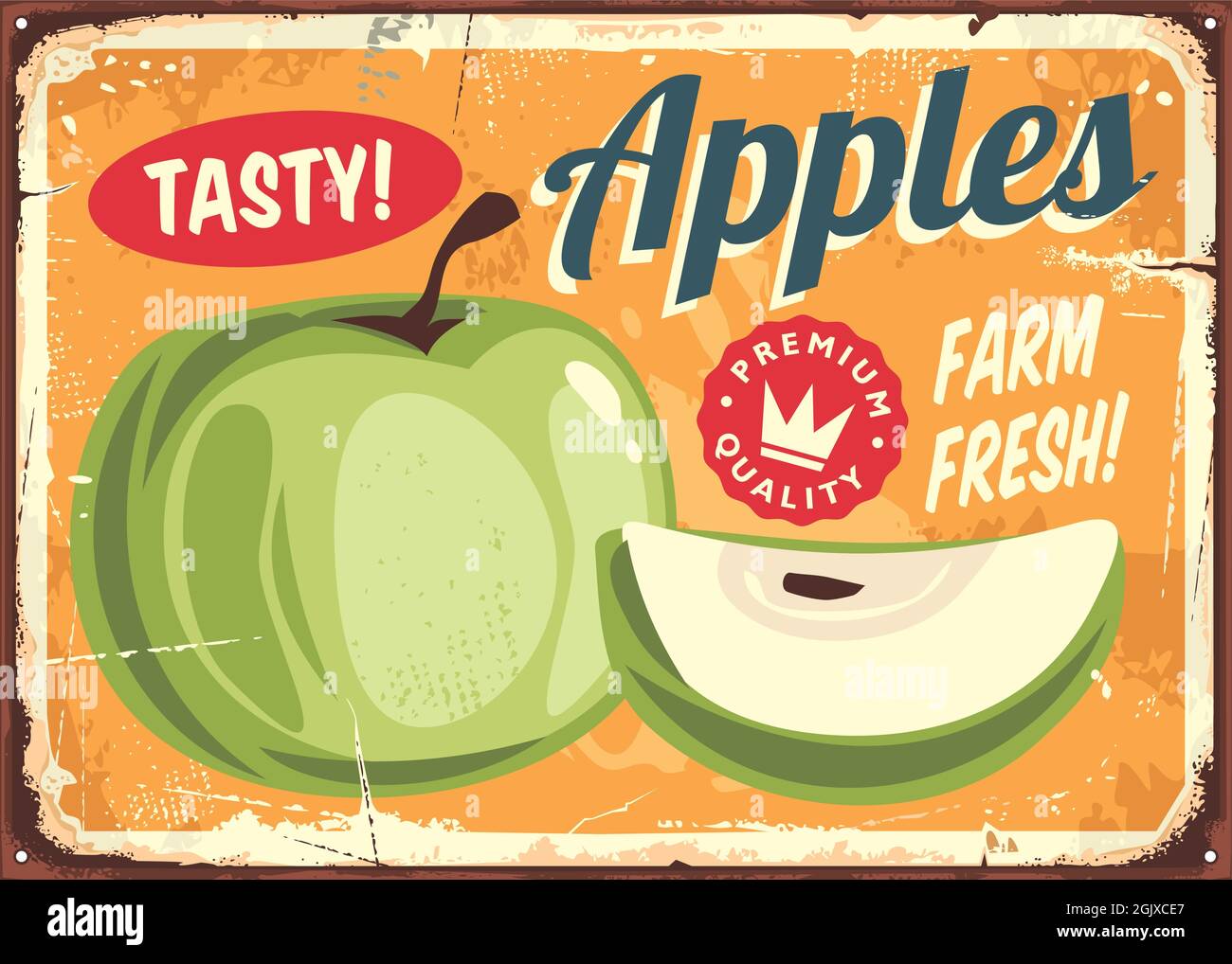 Green apples vintage farm sign board. Apple slice retro graphic. Old