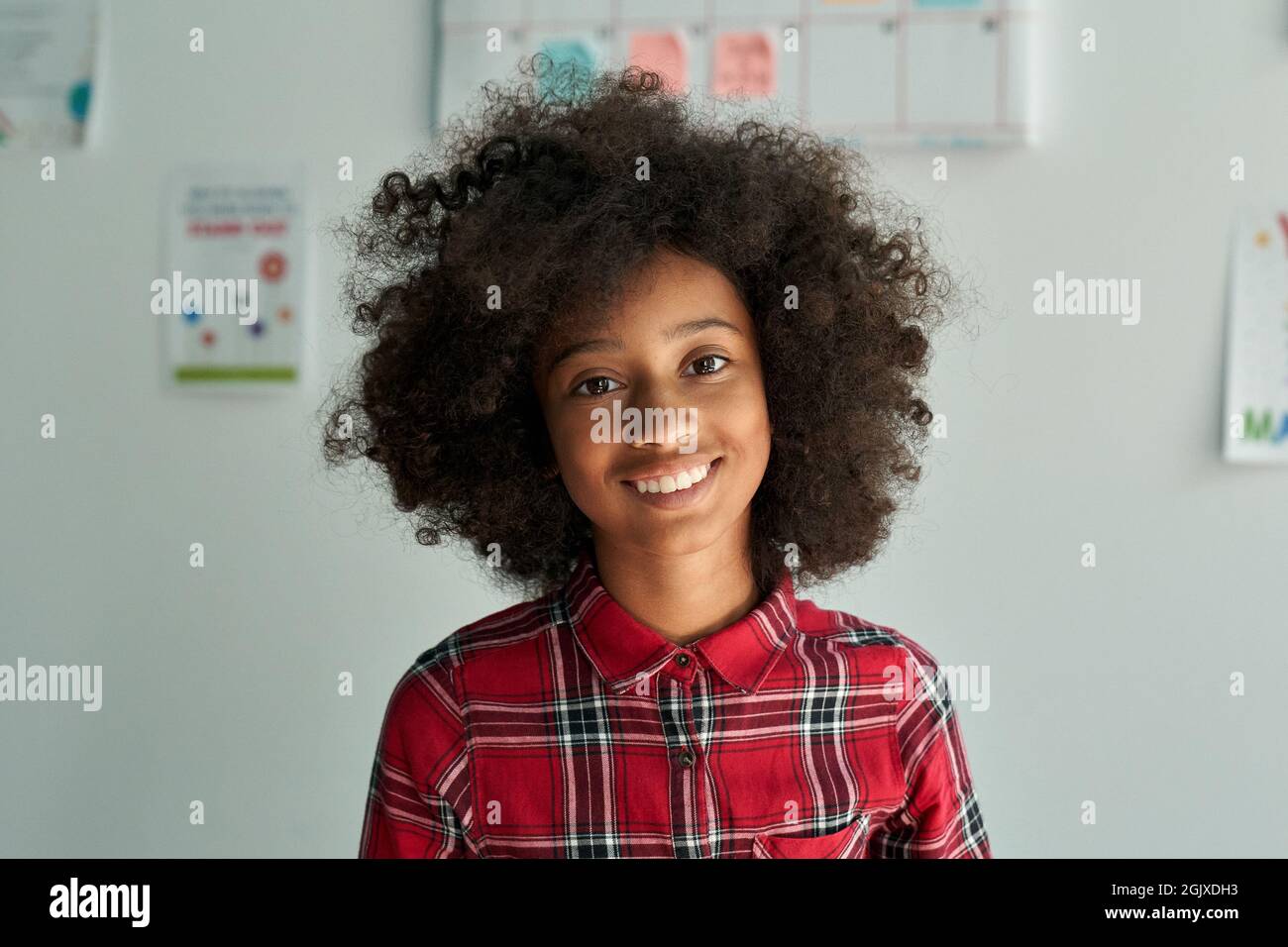 Portrait of cute smiling afro American schoolgirl standing in classroom. Stock Photo