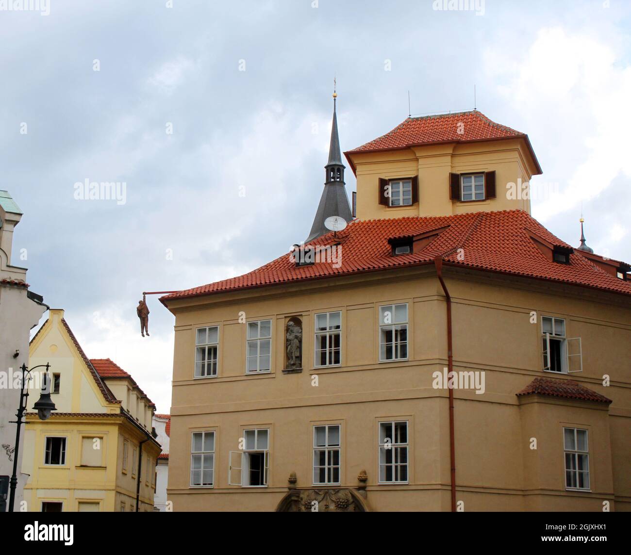 Hanging man in the city of Prague, by David Cerny, 1997 Stock Photo