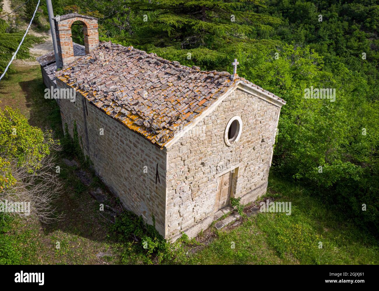 Aerial view of the church of Santa Caterina. Modigliana, Forlì, Emilia Romagna, Italy, Europe. Stock Photo