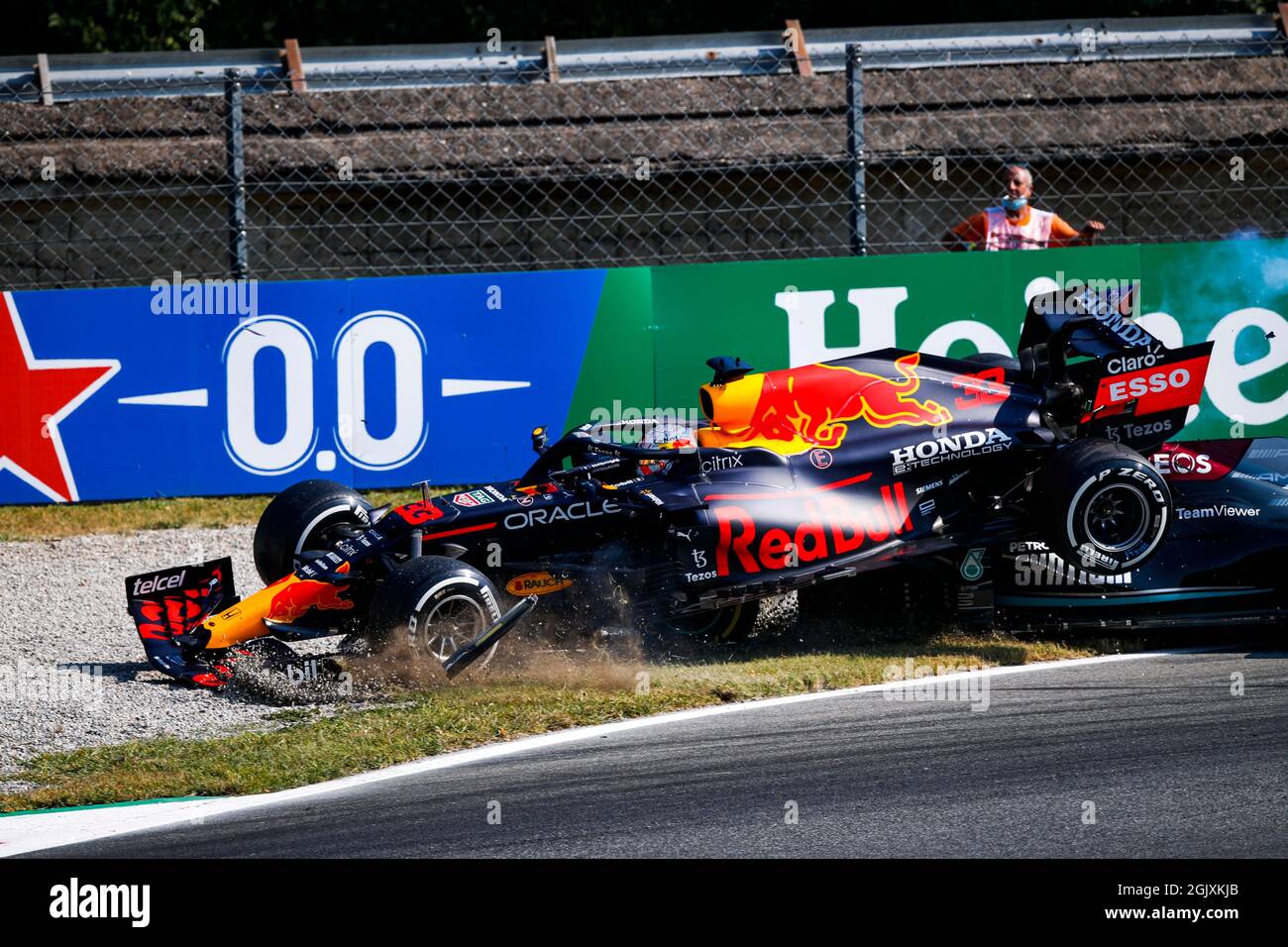 Monza, Italy. 12th Sep, 2021. Monza, Italy. 12th Sep, 2021. Crash between,  33 VERSTAPPEN Max (nld), Red Bull Racing Honda RB16B, 44 HAMILTON Lewis  (gbr), Mercedes AMG F1 GP W12 E Performance,