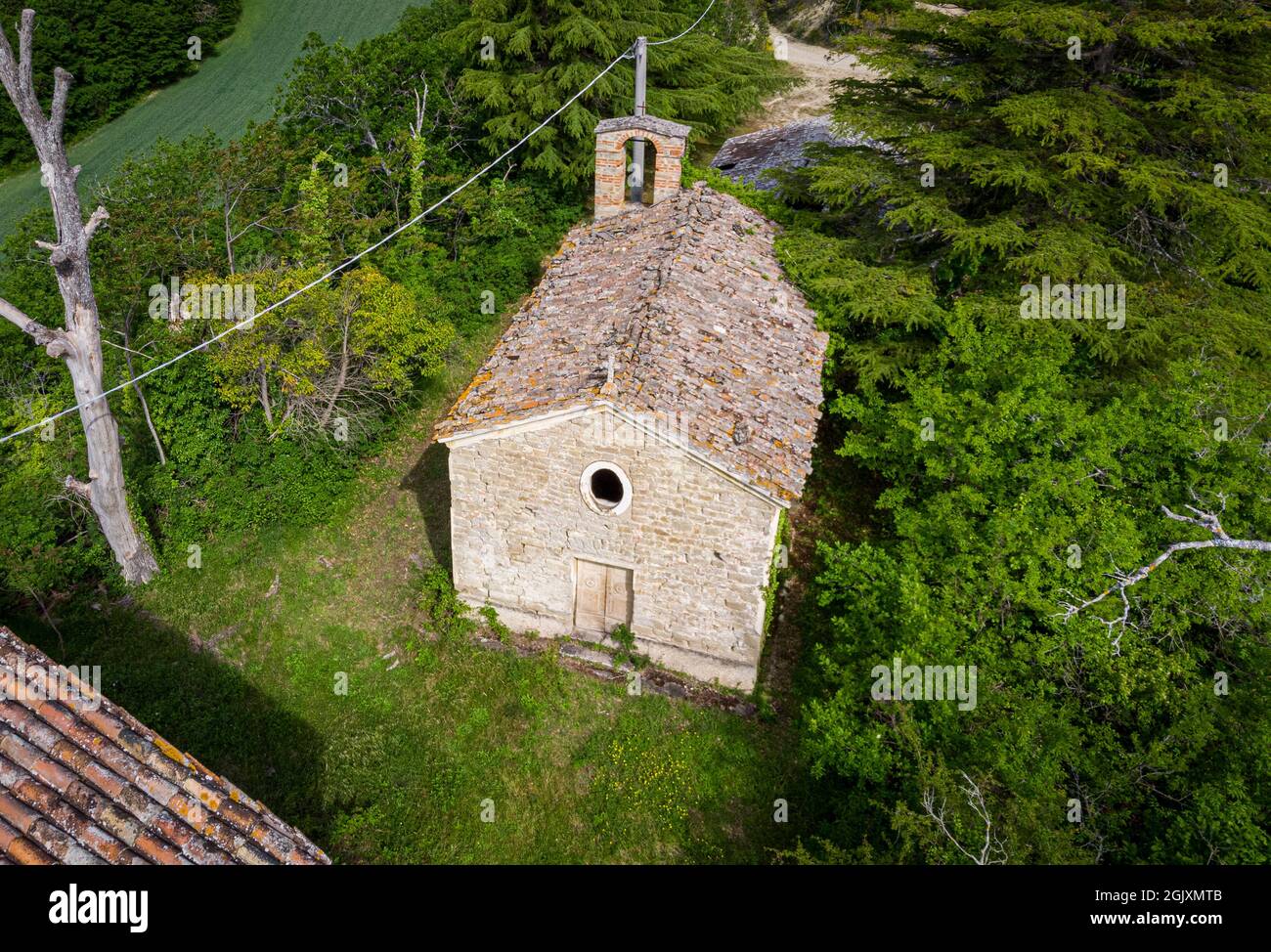 Aerial view of the church of Santa Caterina. Modigliana, Forlì, Emilia Romagna, Italy, Europe. Stock Photo