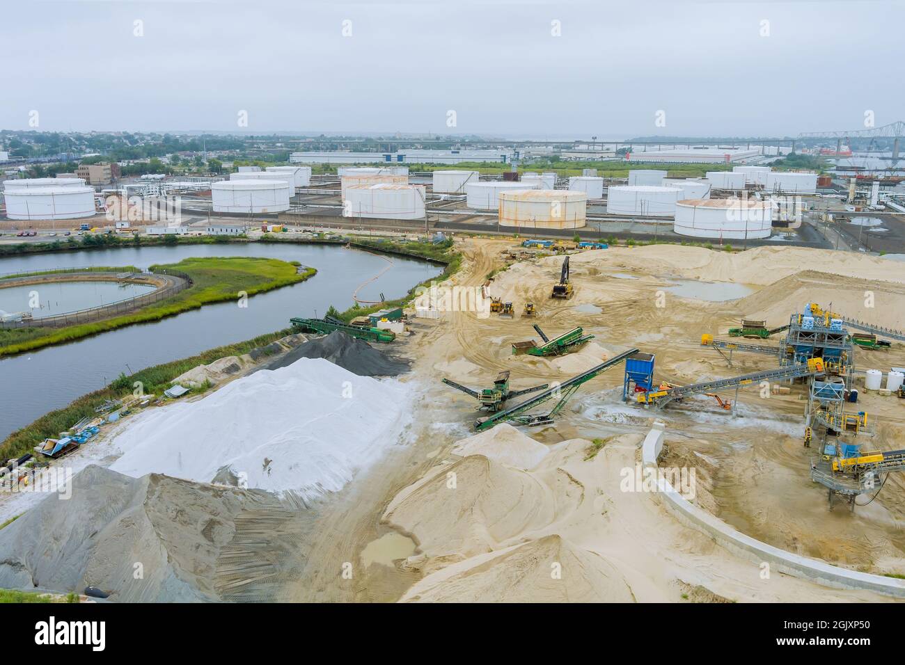 Aerial top view construction industry at refinery zone of oil and gas storage tank Stock Photo