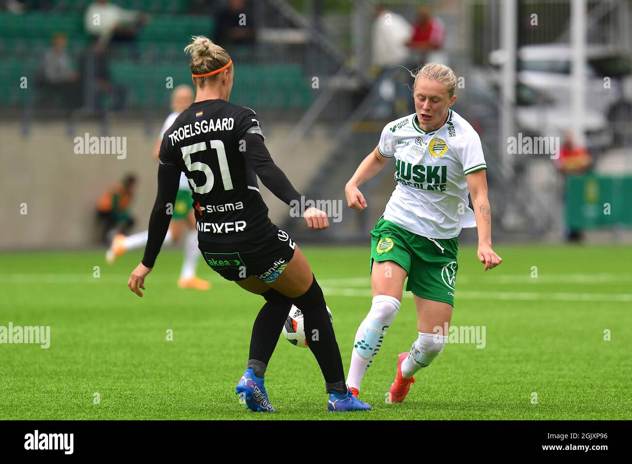 Stockholm, Sweden. 12th Sep, 2021. Fanny Hjelm (6 Hammarby) and Sanne  Troelsgaard (51 FC Rosengard) during the game in the Swedish League OBOS  Damallsvenskan on September 12th 2021 between Hammarby IF and