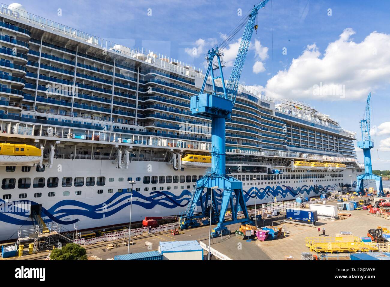 Papenburg, Germany - August 24, 2021: New cruise ship AIDA cosma at Shipyard Meyer in Papenburg largest shipyards in the world building cruise ships for international shipping companies for decades. Stock Photo