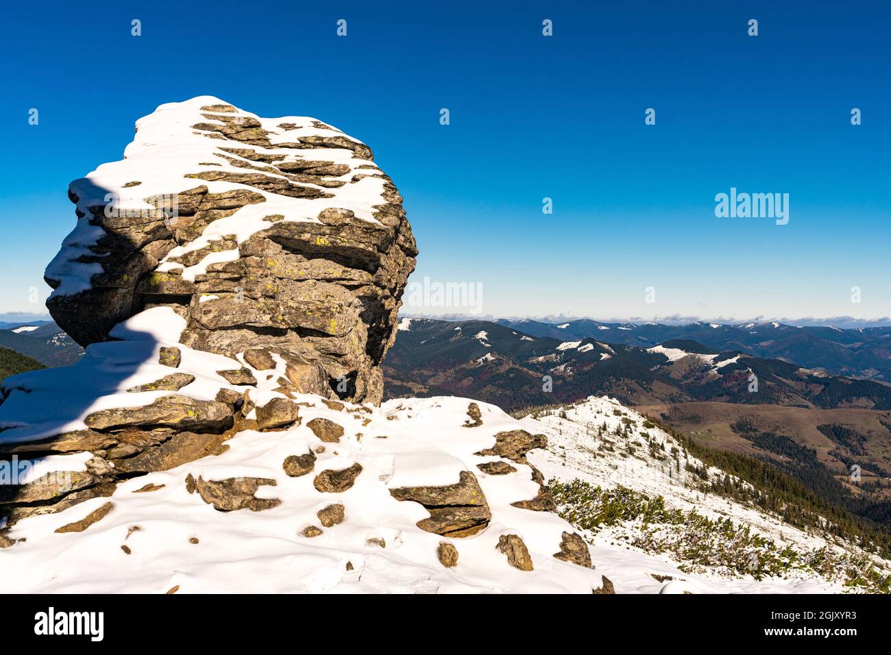 Landscapes of the Carpathian Mountains, covered with large stone ledges in Ukraine, near the village of Dzembronya Stock Photo