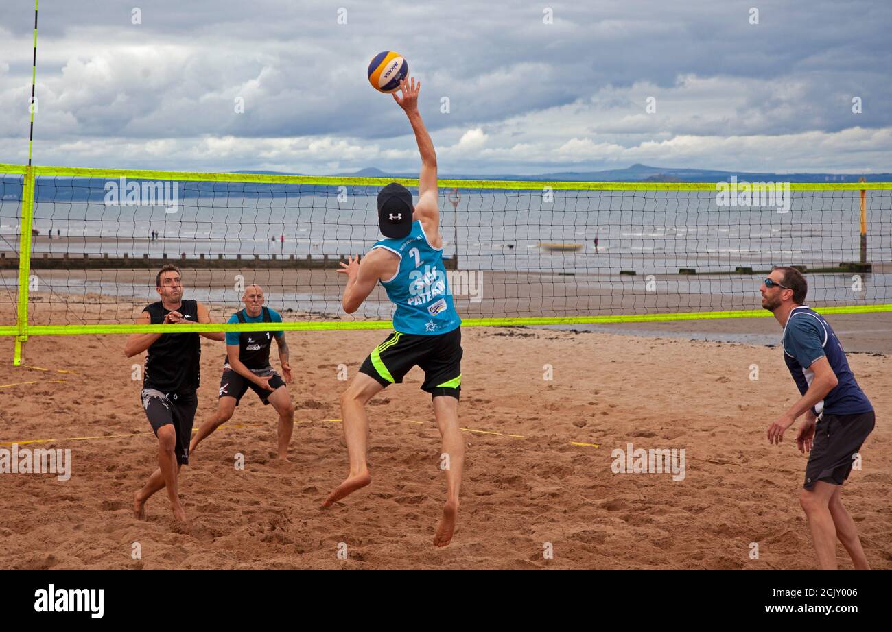 UKBT Beach Tour 3* Volleyball Event, Portobello, Edinburgh Scotland, UK. 12th September 2021. Lothian & Borders Volleyball have partnered with NUVOC Volleyball Club to deliver the UKBT 3* Tournament in Portobello on Sunday 12th September. The partnership aims to support the NUVOC Junior Volleyball Club financially on their return to Indoor Volleyball and to support against the rising costs of indoor facilities. Stock Photo