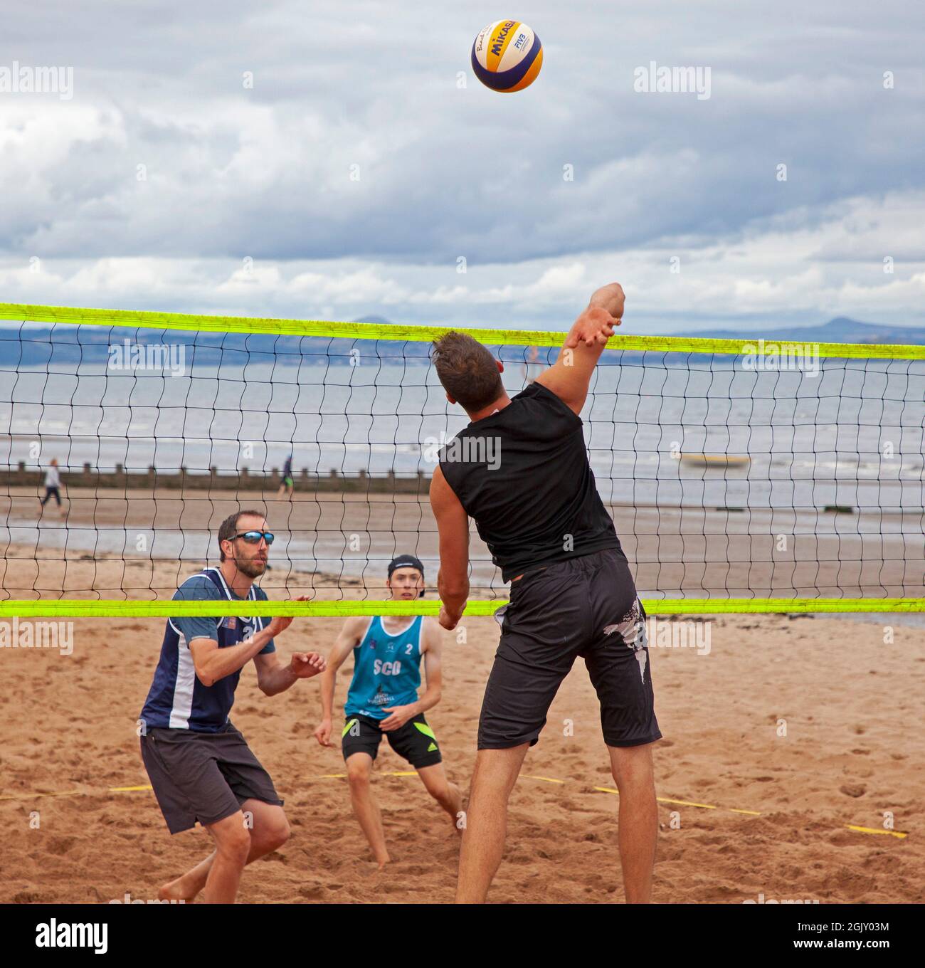 UKBT Beach Tour 3* Volleyball Event, Portobello, Edinburgh Scotland, UK. 12th September 2021. Lothian & Borders Volleyball have partnered with NUVOC Volleyball Club to deliver the UKBT 3* Tournament in Portobello on Sunday 12th September. The partnership aims to support the NUVOC Junior Volleyball Club financially on their return to Indoor Volleyball and to support against the rising costs of indoor facilities. Stock Photo