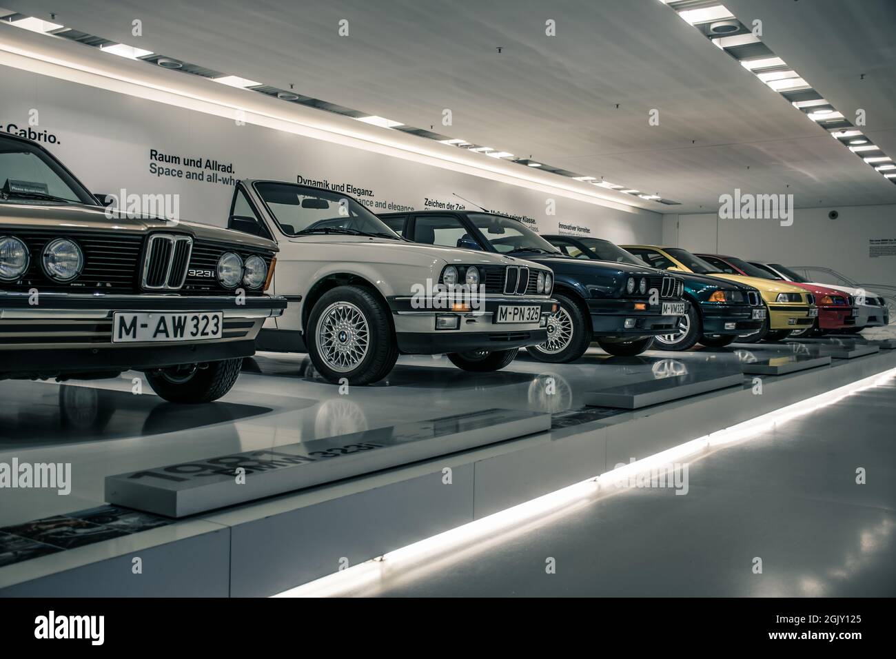 Munich/ Germany - May, 24 2019: 1980s classic BMW 3 series cars in BMW Museum/ BMW Welt Stock Photo