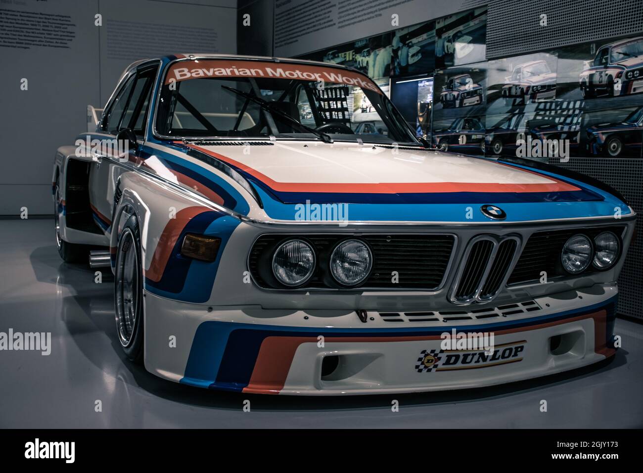 Munich/ Germany - May, 24 2019:BMW 3.0 CSL 1975 classic German touring race old 1970s car known as 'Batmobile' in BMW Museum/ BMW Welt Stock Photo