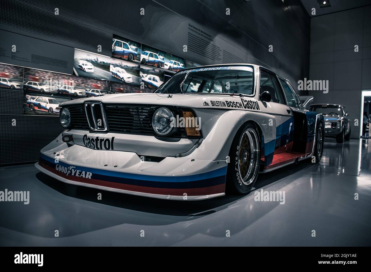 Munich/ Germany - May, 24 2019:BMW 320i E21 classic racing sport 1970s winner car in BMW Museum/ BMW Welt Stock Photo