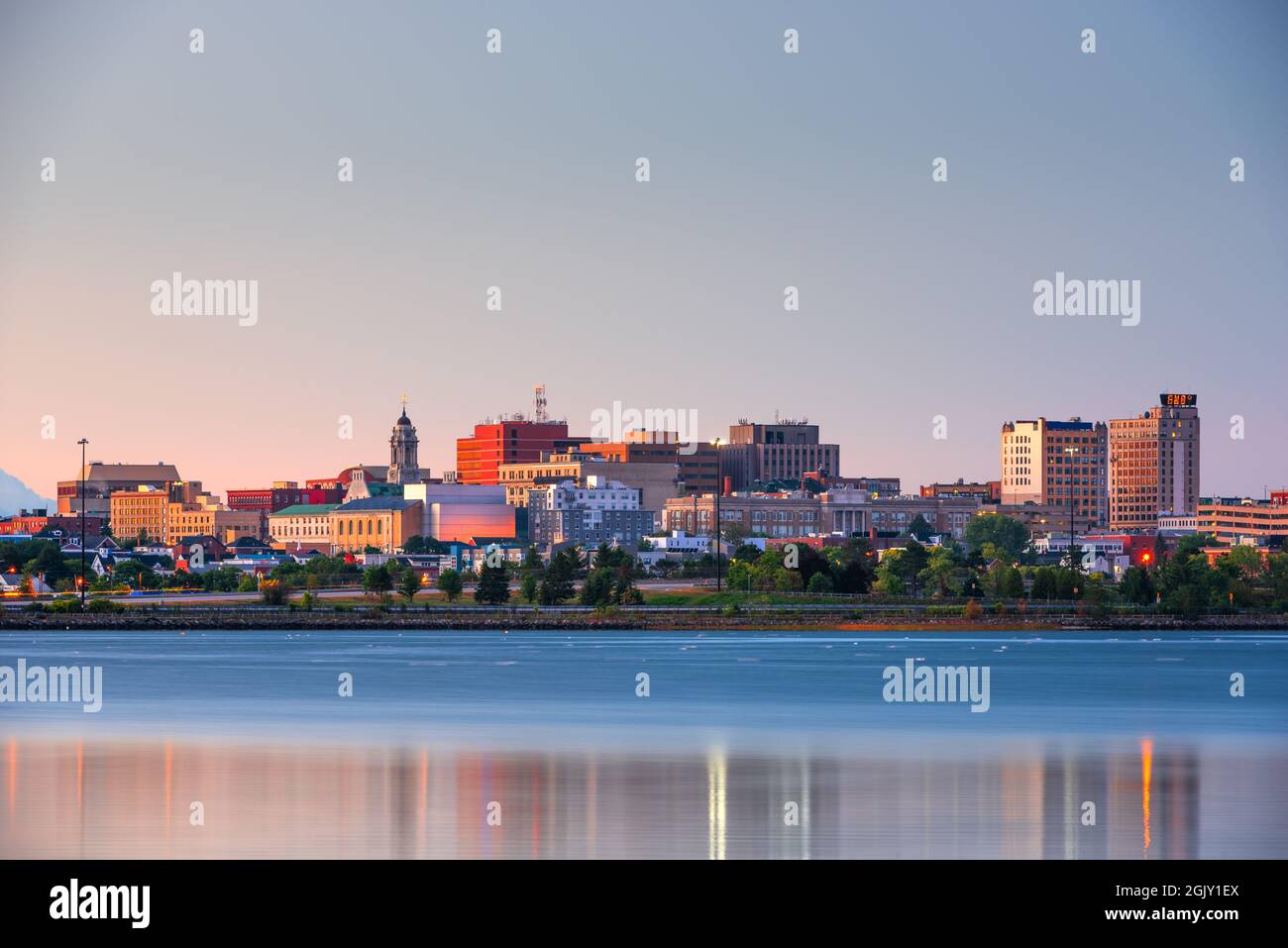 Portland, Maine, USA downtown skyline from Back Cove at twilight. Stock Photo