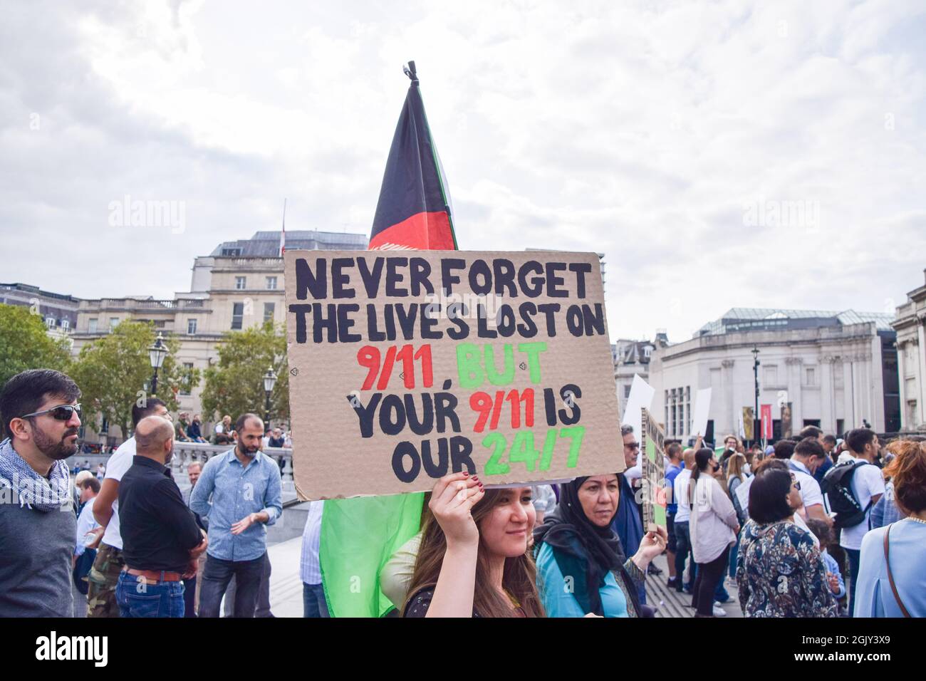 London, United Kingdom. 12th Sep, 2021. Demonstrators gathered in Trafalgar Square on the 20th anniversary of the assassination of opposition commander Ahmad Shah Massoud, in protest against the Taliban takeover and to call on the UK and the international community to help Afghanistan. Credit: Vuk Valcic/Alamy Live News Stock Photo