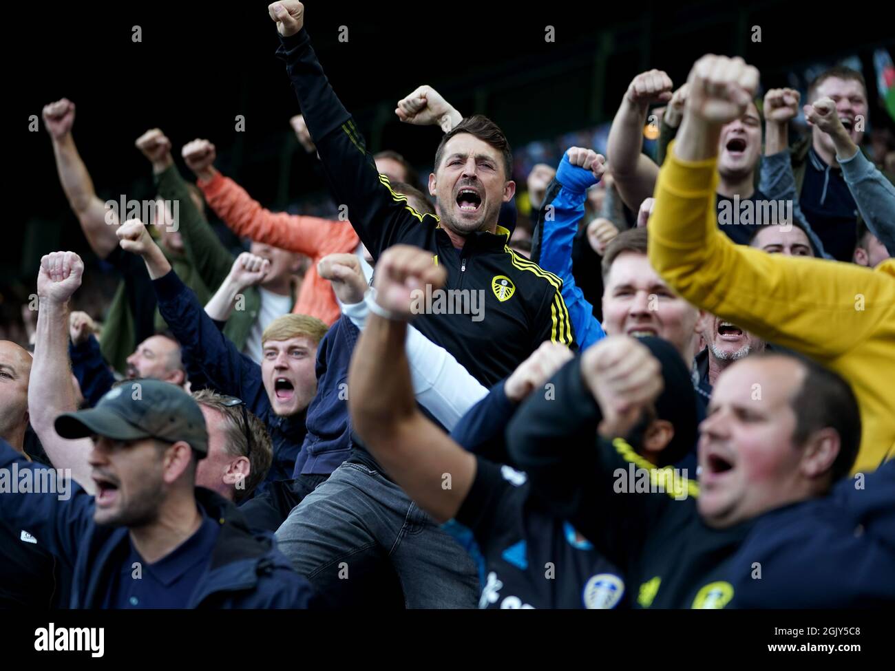 Leeds United fans show their support in the stands before the Premier League match at Elland Road, Leeds. Picture date: Sunday September 12, 2021. Stock Photo