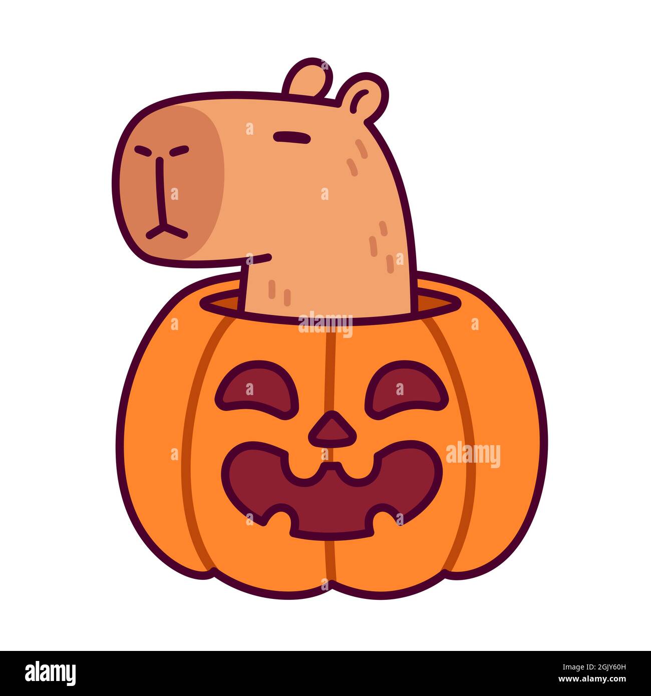 Trick or Treat. Cute cartoon Capybara with Halloween pumpkin. Kawaii character drawing, funny vector illustration. Stock Vector