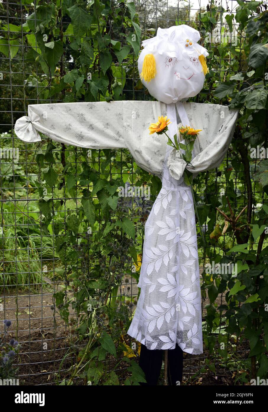 A scarecrow in a scarecrow trail organised by Ivygreen Allotments, Chorlton, Manchester, England, UK, in association with NSALG 'National Society of Allotments and Leisure Gardeners' and surrounding streets. As part of Chorlton Arts Week  11th - 19th September,2021. Stock Photo