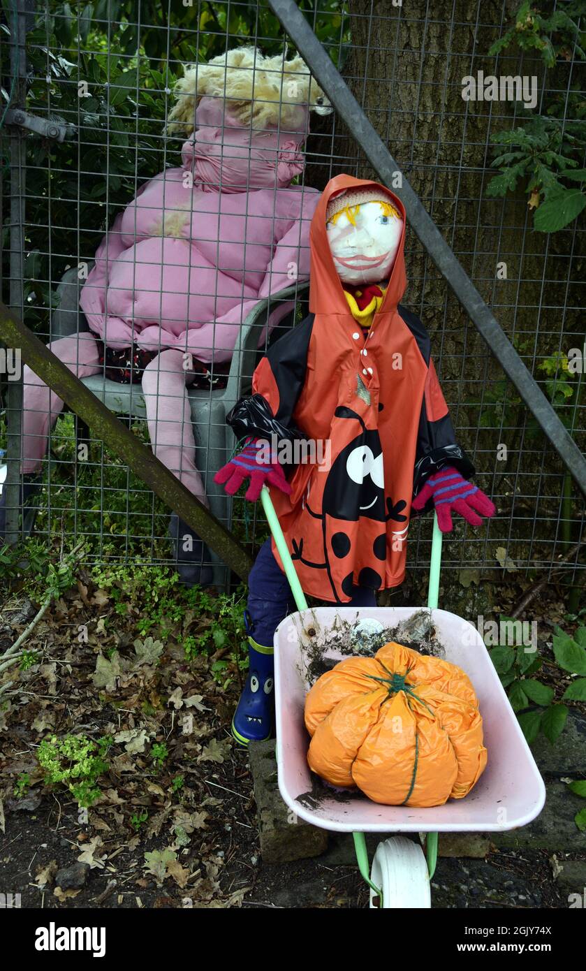 A scarecrow in a scarecrow trail organised by Ivygreen Allotments, Chorlton, Manchester, England, UK, in association with NSALG 'National Society of Allotments and Leisure Gardeners' and surrounding streets. As part of Chorlton Arts Week  11th - 19th September,2021. Stock Photo