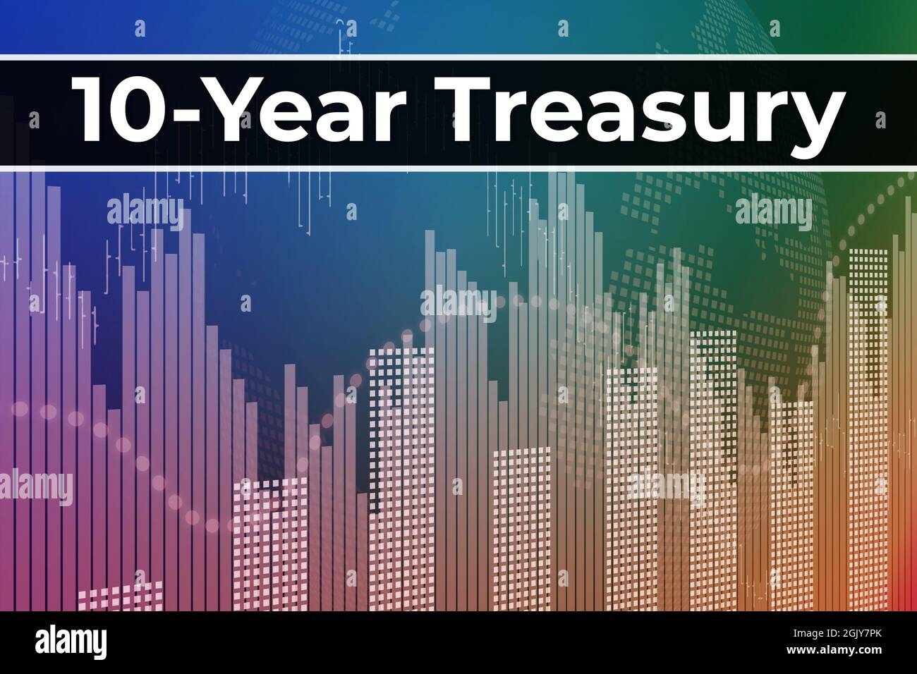 Price change on trading bonds 10-Year Treasury on blue finance background from graphs, charts, columns, pillars, candles, bars, number. Trend Up and D Stock Photo