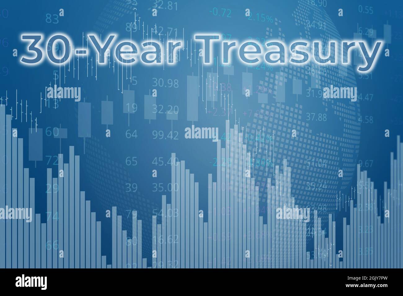 Price change on trading bonds 30-Year Treasury on blue finance background from graphs, charts, columns, pillars, candles, bars, number. Trend Up and D Stock Photo