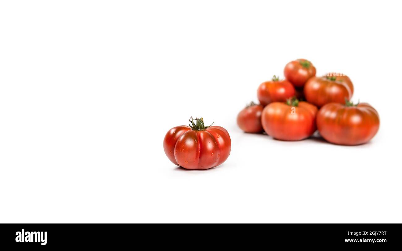 Tomato in front of defocuses group of tomatoes. Fresh, dark red to burgundy 'Tasmanian Chocolate' tomatoes with ridges and non-uniform shapes. Ideal f Stock Photo