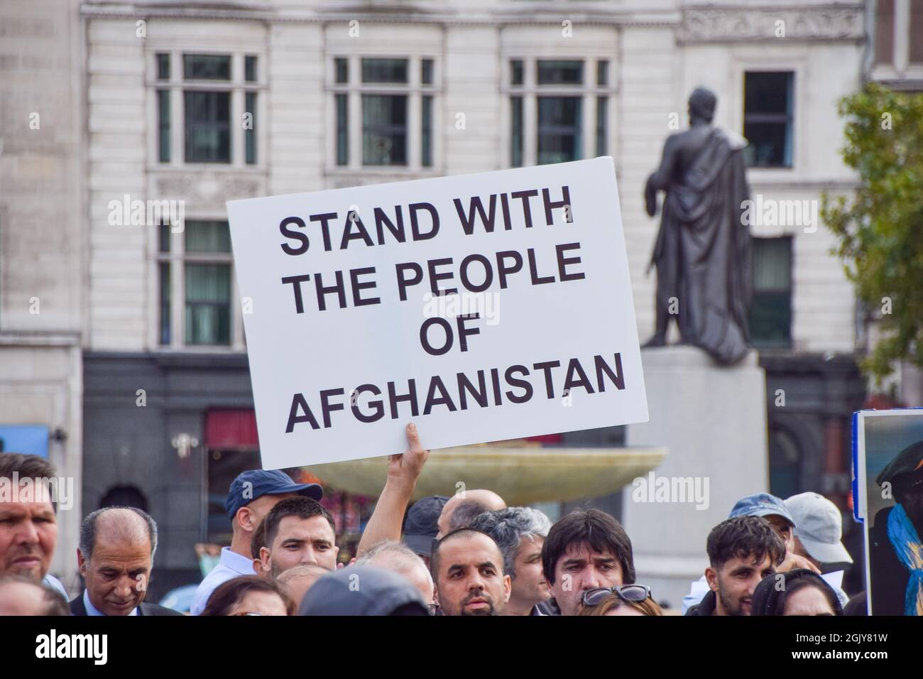 London, United Kingdom. 12th September 2021. Demonstrators gathered in Trafalgar Square on the 20th anniversary of the assassination of opposition commander Ahmad Shah Massoud, in protest against the Taliban takeover and to call on the UK and the international community to help Afghanistan. Credit: Vuk Valcic / Alamy Live News Stock Photo