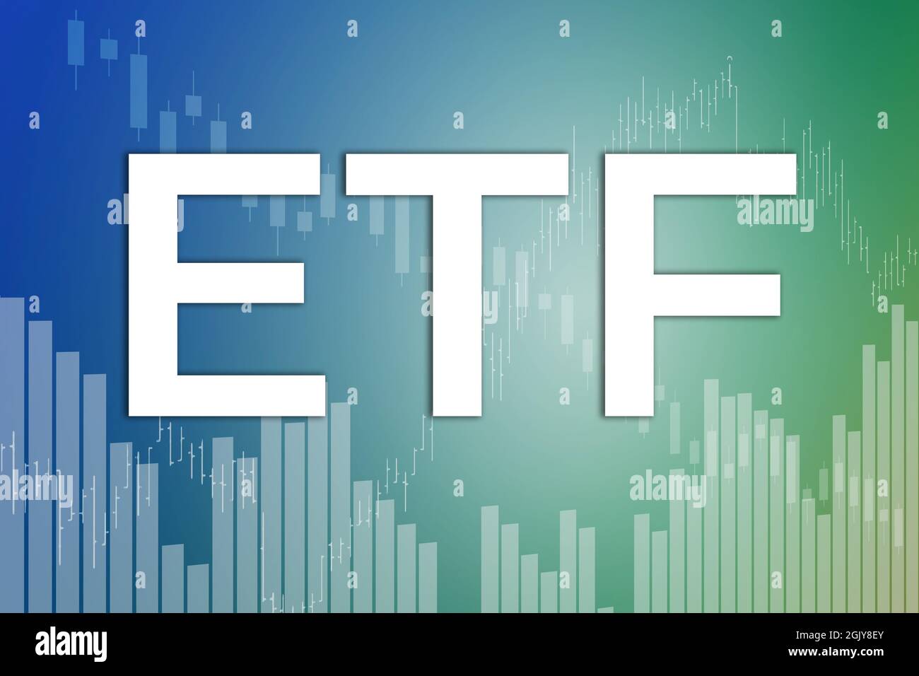 Financial term ETF (Exchange traded fund) on blue and green finance background from graphs, charts, columns, candles, bars, numbers. Trend Up and Down Stock Photo