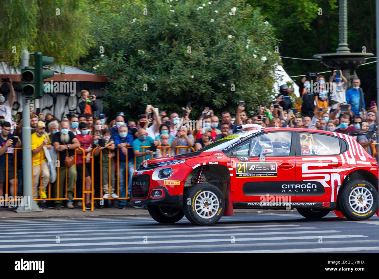 Racing car Citroen C3 WRC, of TRT World Rally Team, during the first stage of Rally Acropolis 2021, held in Athens, Greece. Stock Photo