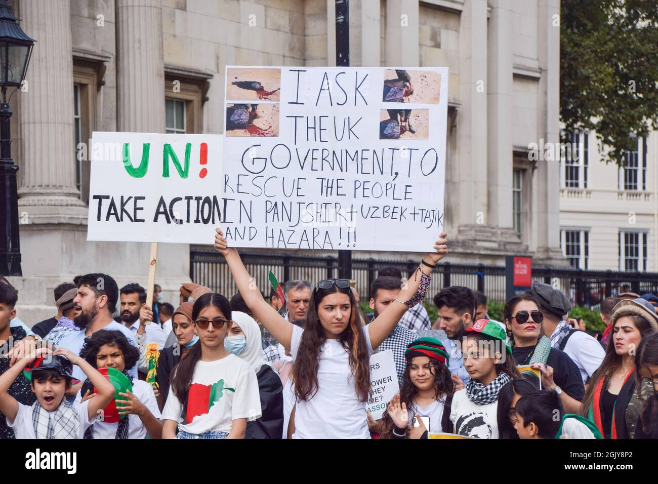 London, United Kingdom. 12th September 2021. Demonstrators gathered in Trafalgar Square on the 20th anniversary of the assassination of opposition commander Ahmad Shah Massoud, in protest against the Taliban takeover and to call on the UK and the international community to help Afghanistan. Credit: Vuk Valcic / Alamy Live News Stock Photo