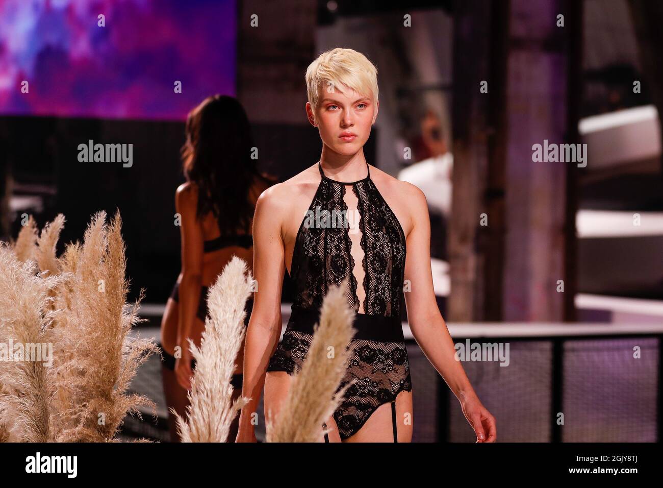 Berlin, Germany. 12th Sep, 2021. Model Nina Hnizdo (sister of Kim Hnizdo)  walks in the Lascana show at Kraftwerk. About You, or Re-Fashion Week, has  been part of Berlin Fashion Week since