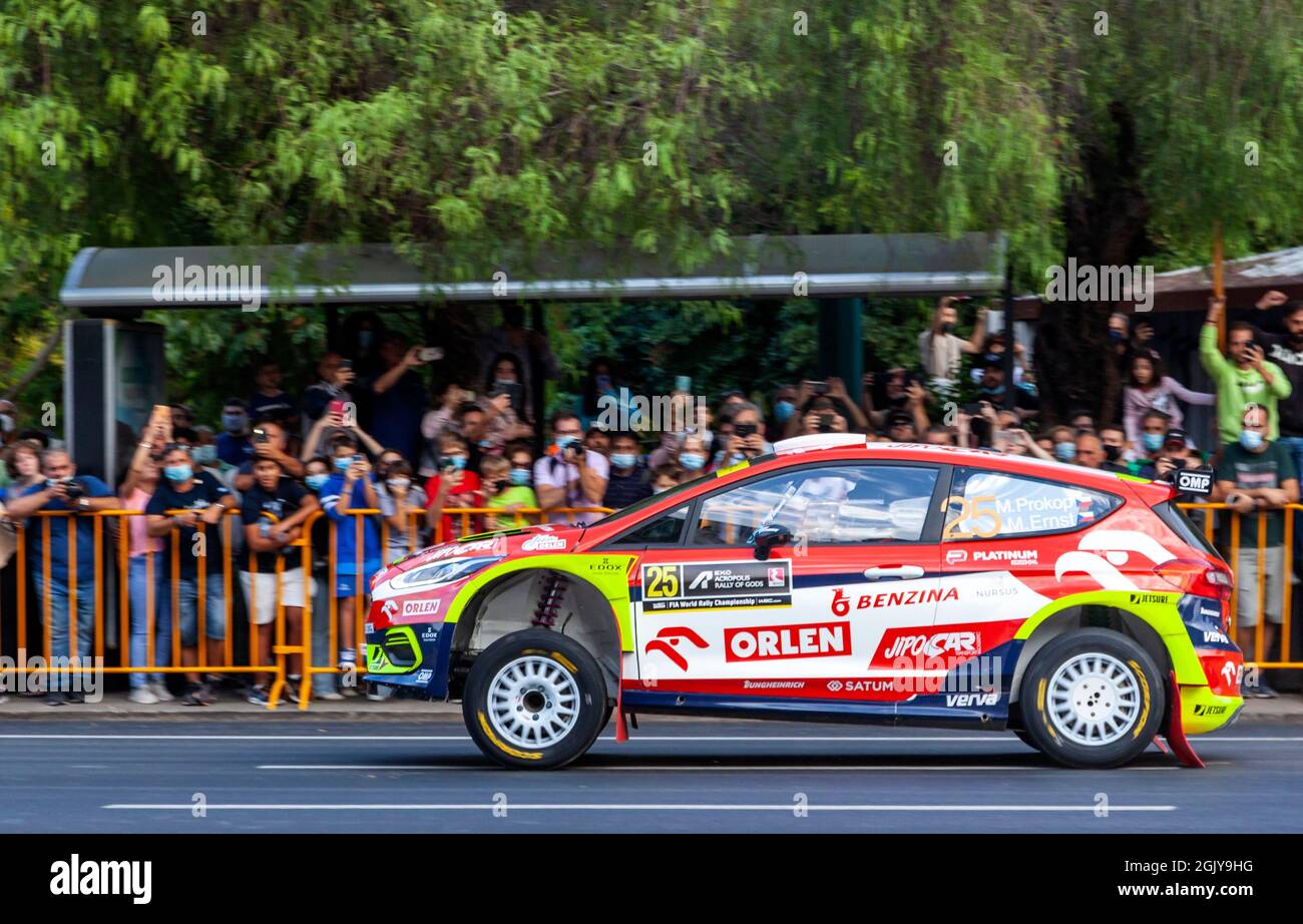 Racing car Ford Fiesta Mk II WRC, of M-Sport Ford World Rally Team, during the first stage of Rally Acropolis 2021, held in Athens, Greece, Stock Photo