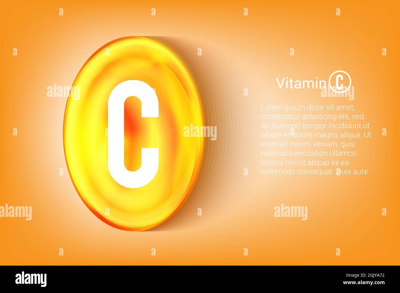 Golden capsule with vitamin C. Shining golden pill of substance. For health advertising. Stock Vector
