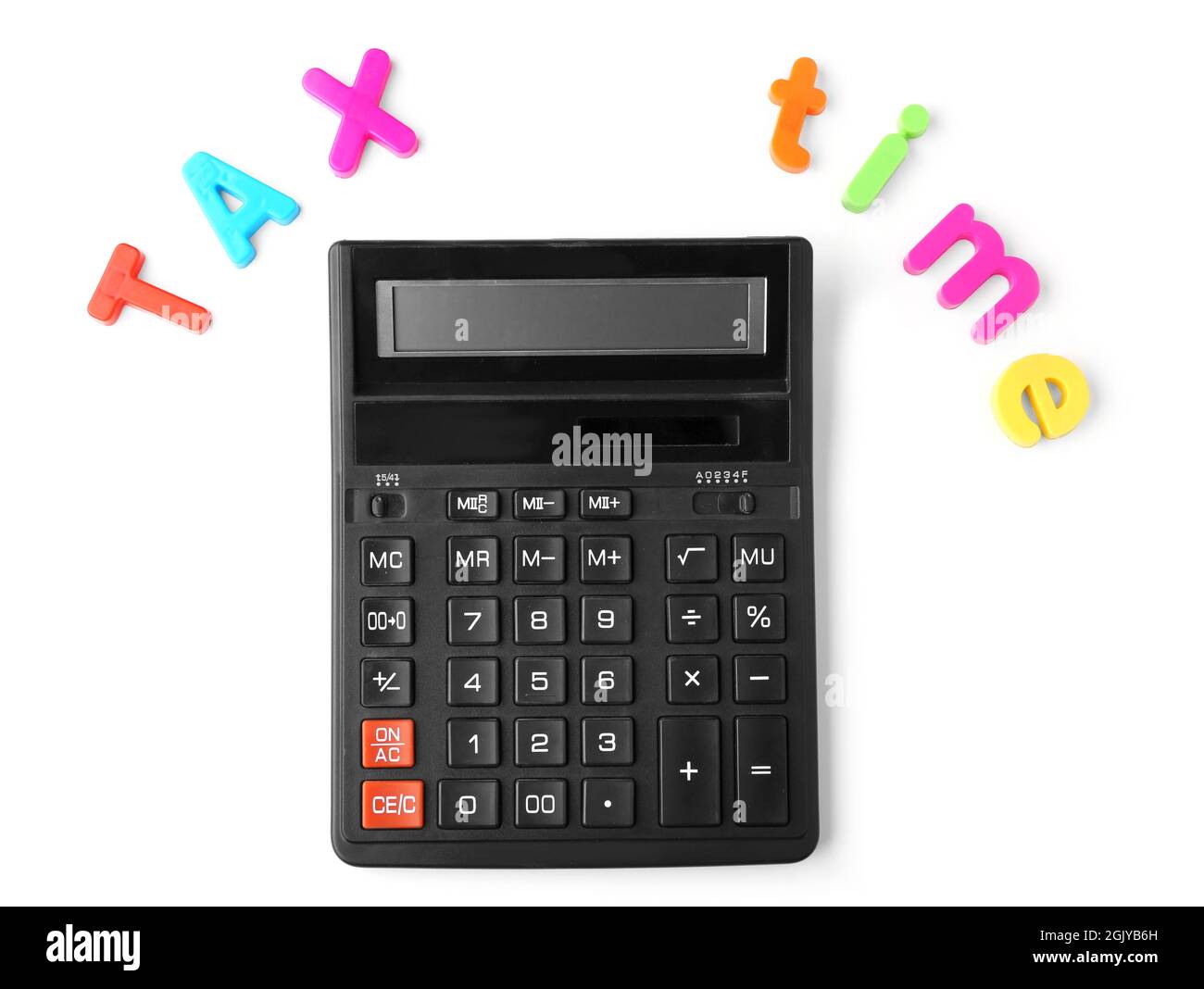 Colorful letters TAX TIME and calculator on white background Stock