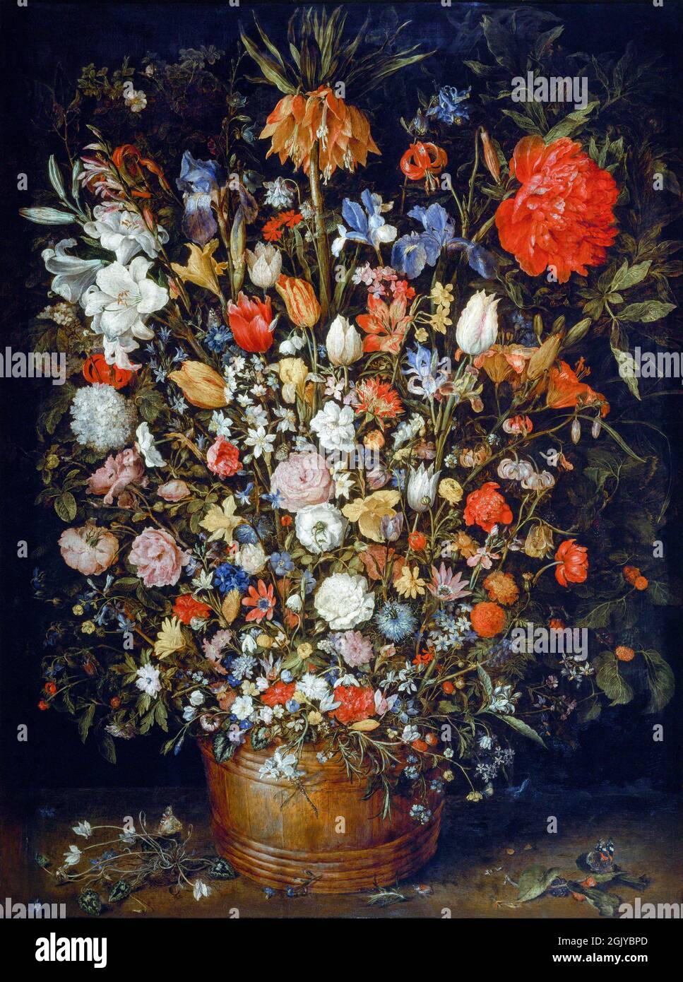 Jan Brueghel the Elder - 1568-1625 - Large Flower Bouquet in Wooden Vase, 1606-1607; oil on wood, Art History Museum, Vienna, Austria Stock Photo
