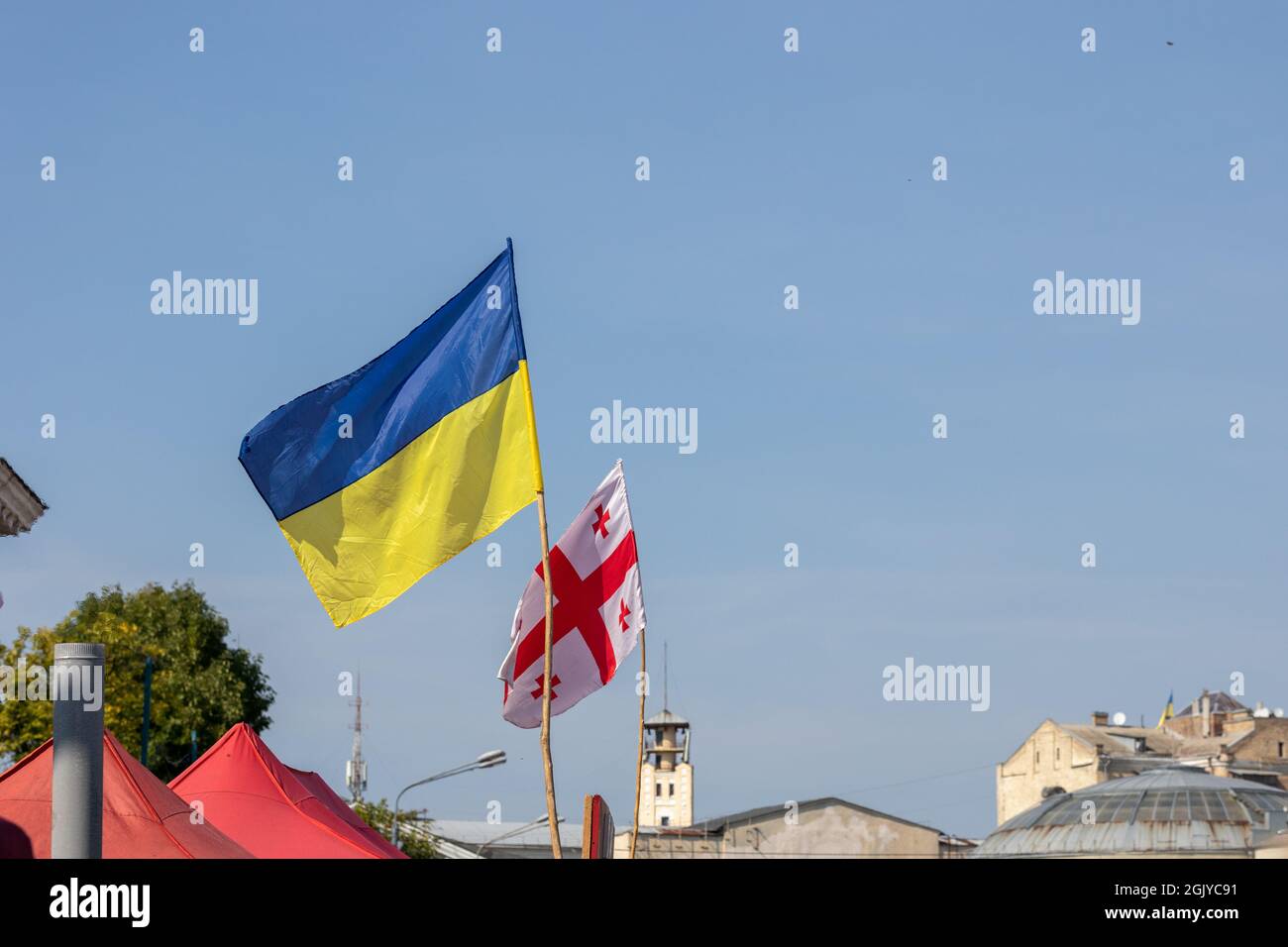 flags of ukraine and are flying against the backdrop of a clear