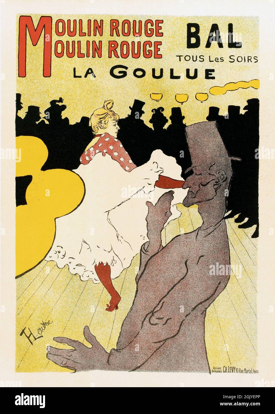 Vintage Poster advertising dancing and balls at Moulin Rouge, Bal tous les soirs La Goulue Moulin Rouge by Henri de Toulouse-Lautrec, 1891. Stock Photo